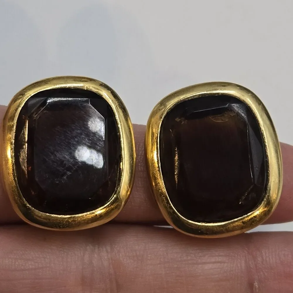 Vintage Signed Joan Rivers Square Bezel Set Amber Tone Glass Clip On Earrings